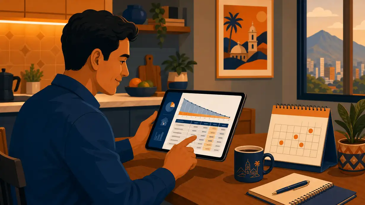 Persona revisando tabla de amortización de préstamo en tablet con calendario de pagos