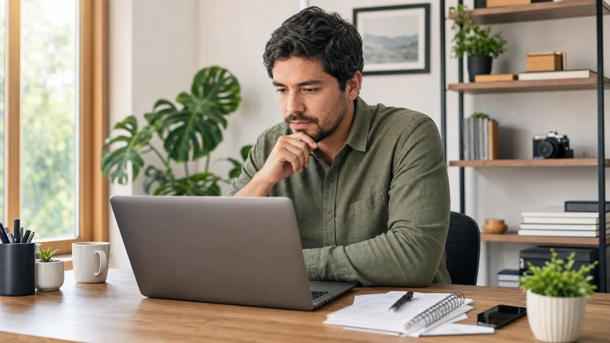 Trabajador independiente revisando opciones de crédito en su computador desde casa
