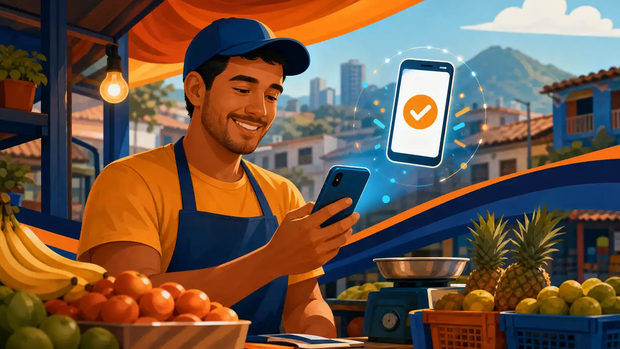 Trabajador informal colombiano revisando aprobación de préstamo digital desde su celular en un mercado